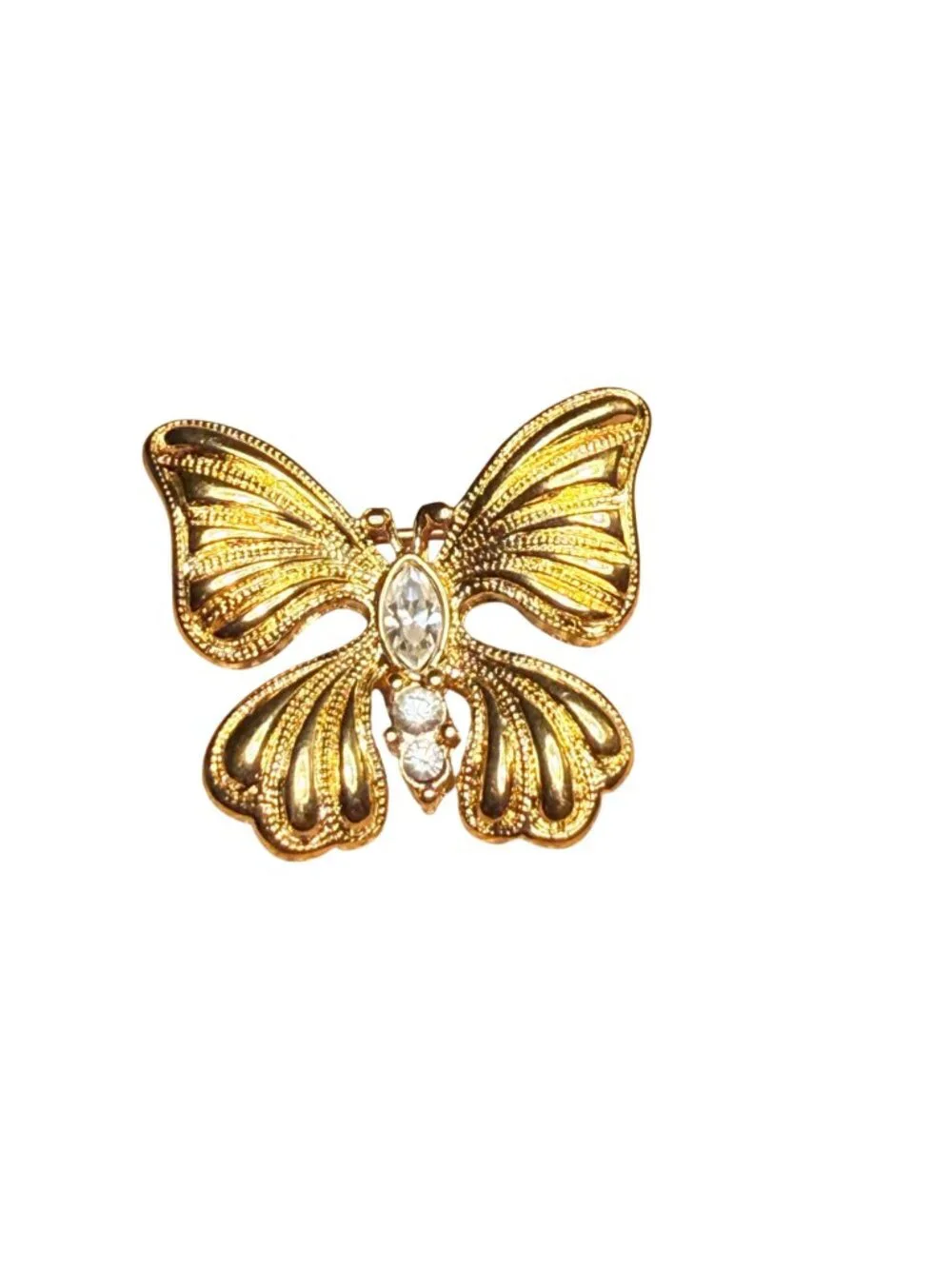 Vintage Monet Gold Tone Butterfly Brooch Clear Rhinestone Signed Romantic Pin